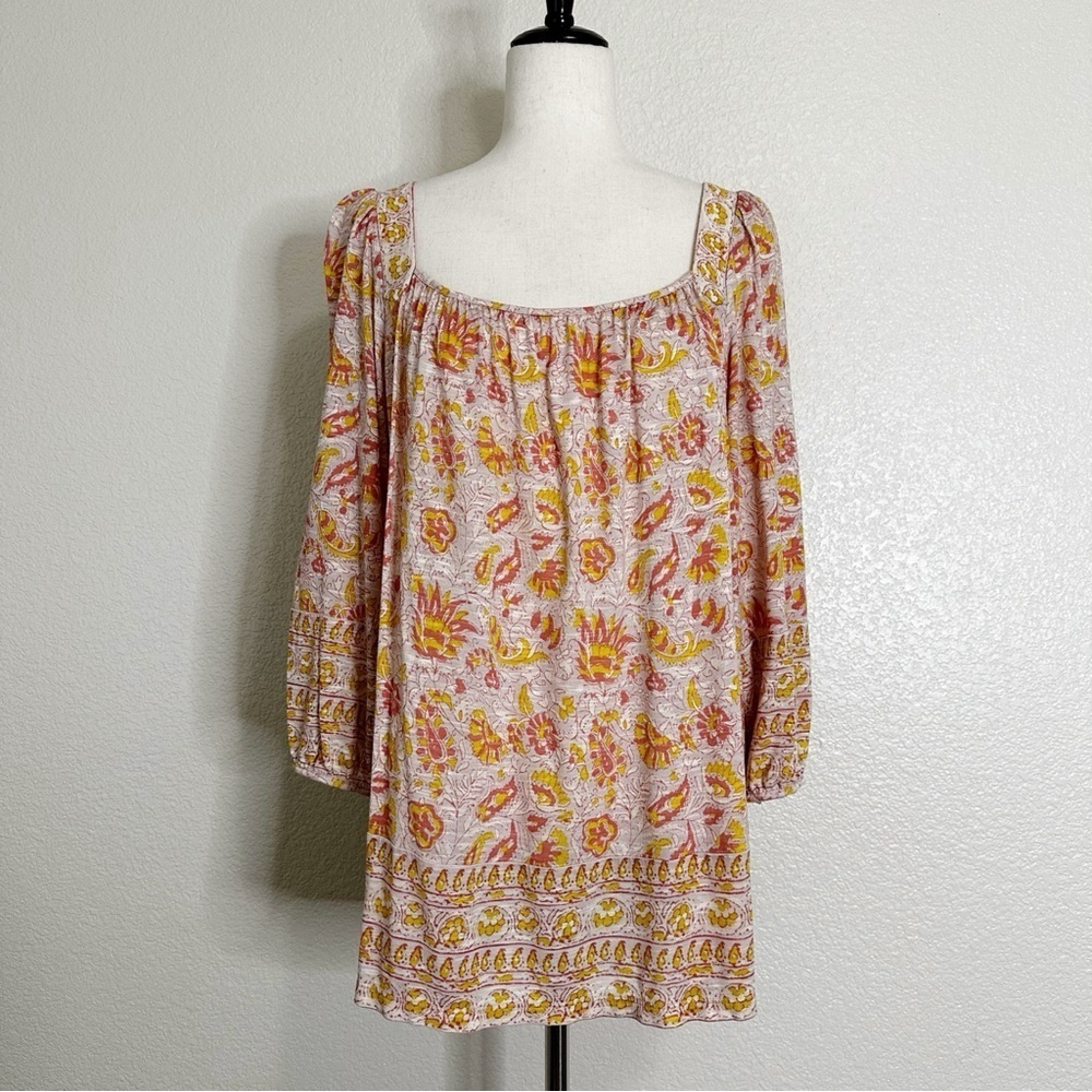Lucky Brand Pink Paisley Floral Square Neck 3/4 Sleeves Peasant Top, Size XL